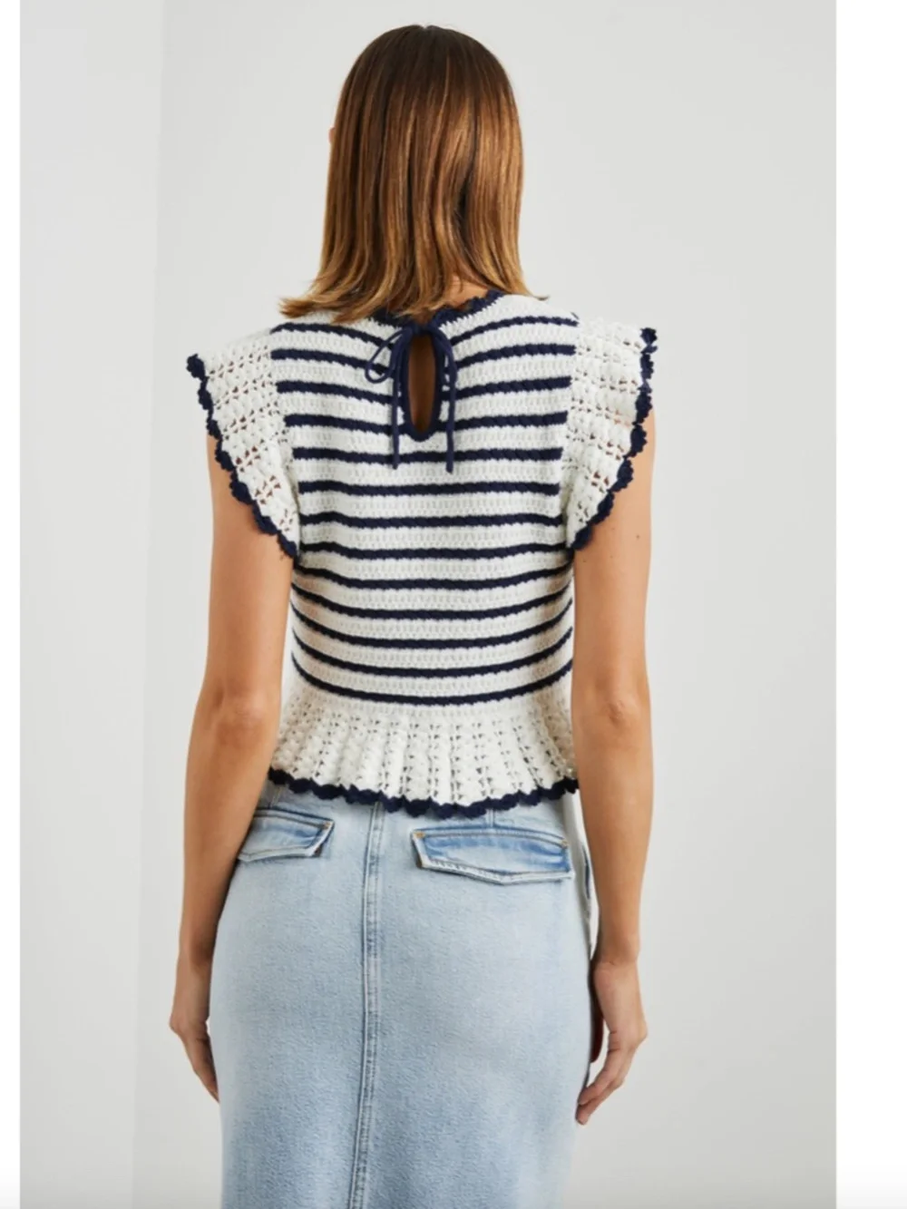 Rails Coen Striped Crochet Ruffle Sleeve Top in Anadia Stripe, Small, Navy Ivory - Picture 8 of 9